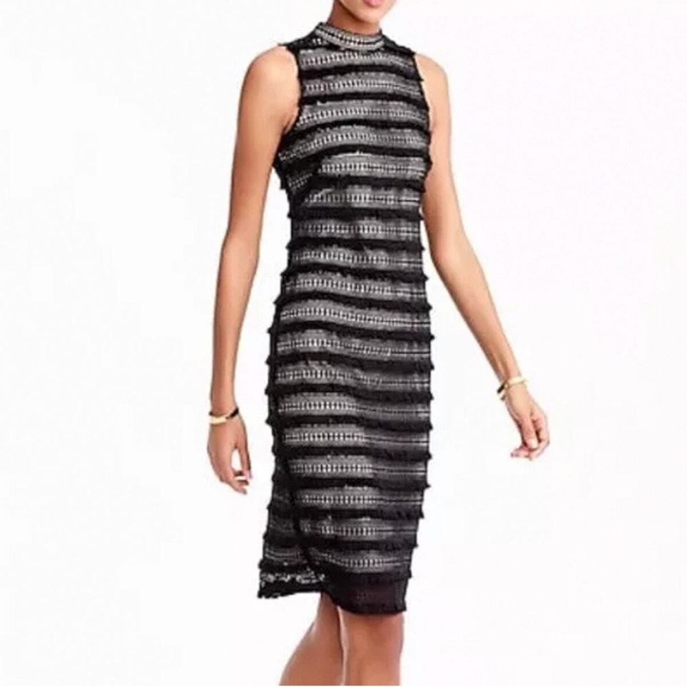 J. Crew 6 Black sheath sleeveless mock neck formal LBD Mini Dress with fringe